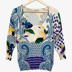 ETRO Floral Silk Scoop Neck Sweater Knit Pullover 3/4 Sleeve Designer Italy